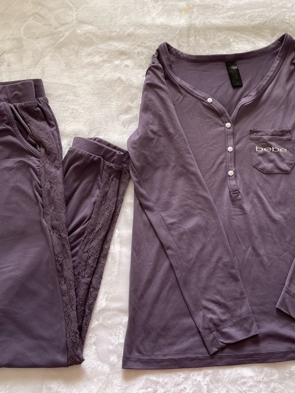 bebe Lavender-Purple Lace Trim Henley Pajama Set